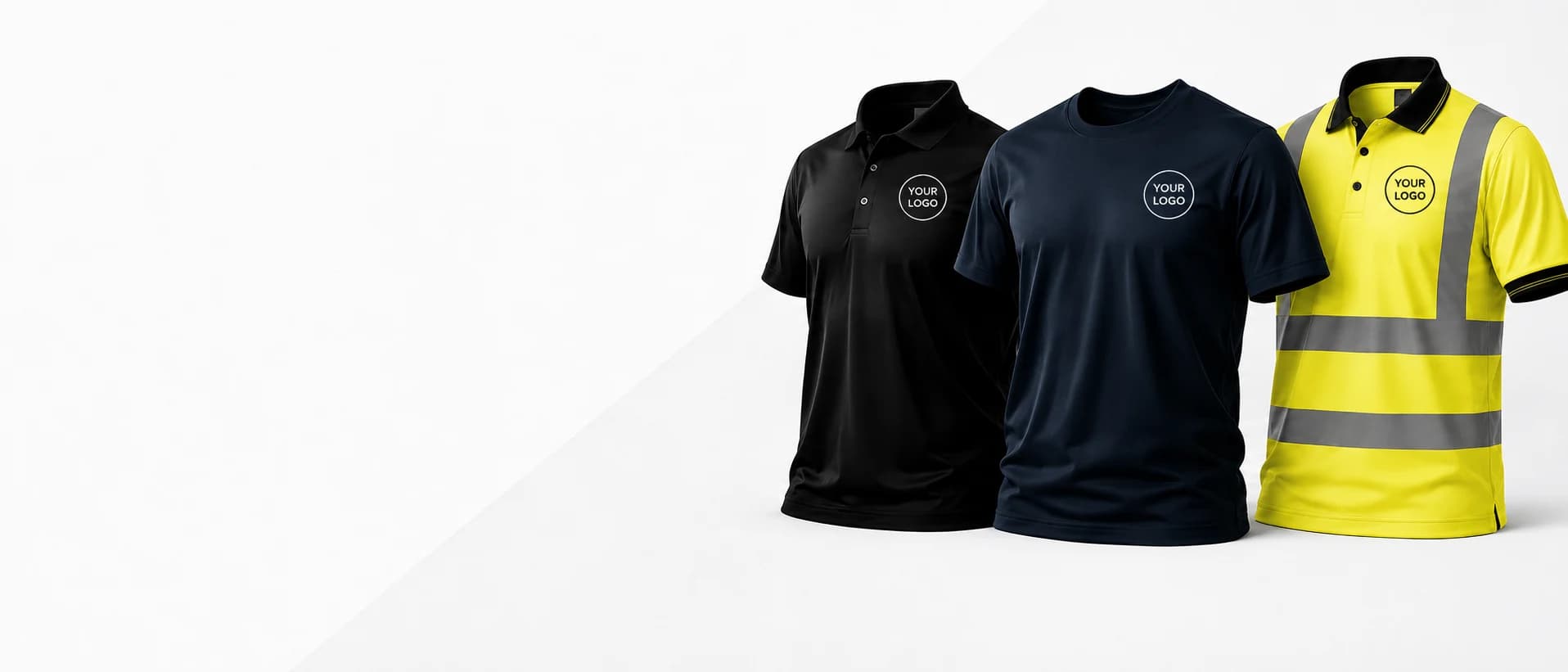 Black polo, navy t-shirt and hi-vis polo with your company logo — custom branded workwear printing in Romford